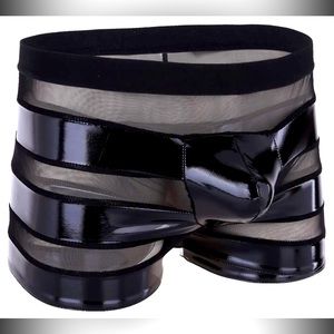 MENS SEXY BLACK PATENT/SEE THRU MESH BOXER BRIEF/CLUB SHORTS